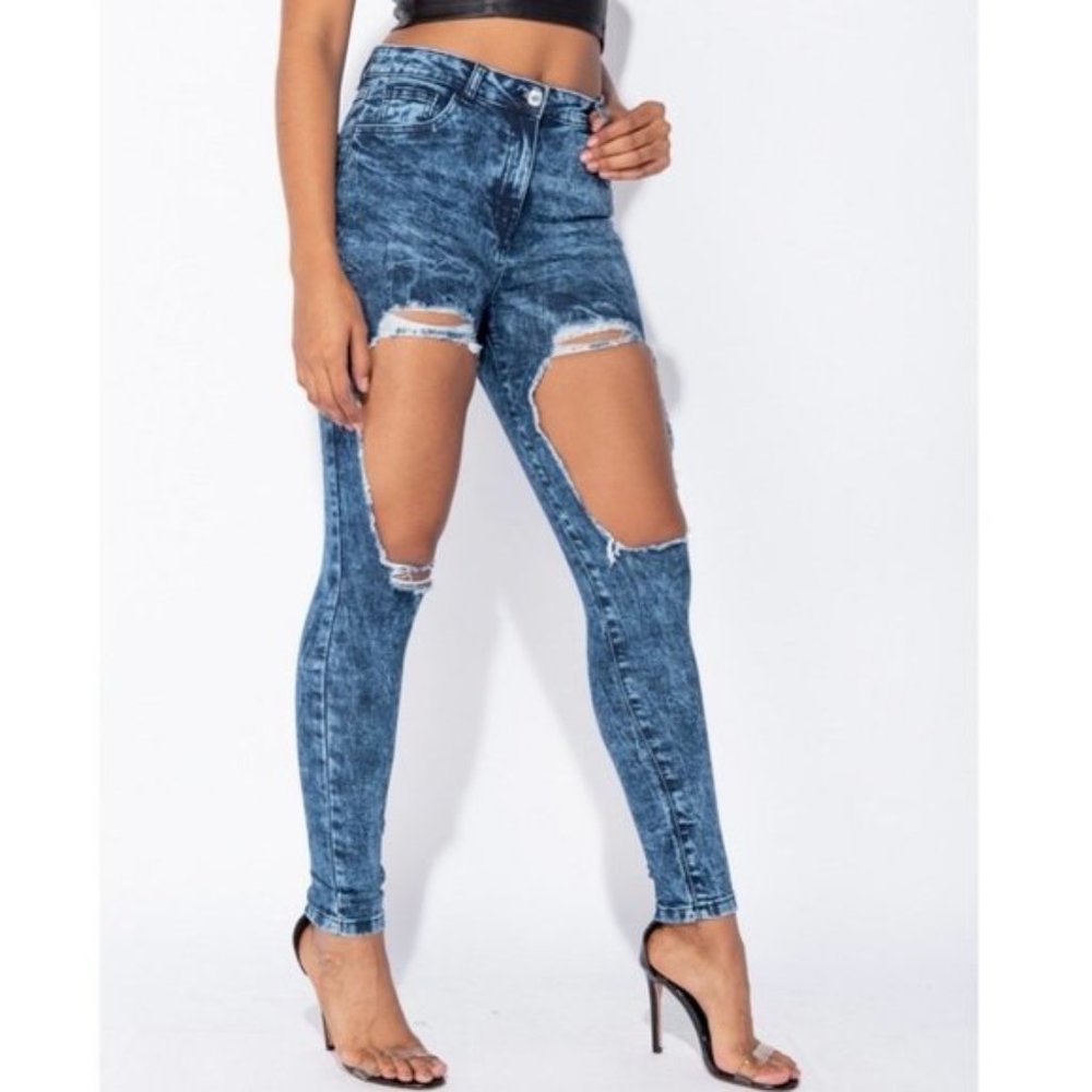 Blue Acid Wash High Waist Ripped Distressed Skinny Jeans Denim Pants - Picture 9 of 10